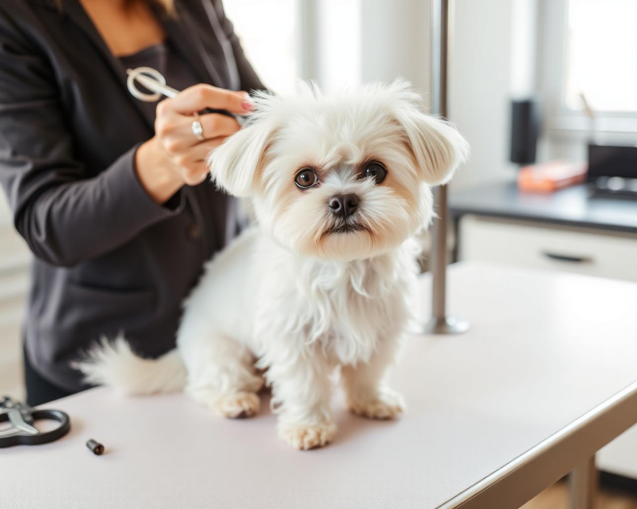 Groomer strihajúci malého bieleho psíka