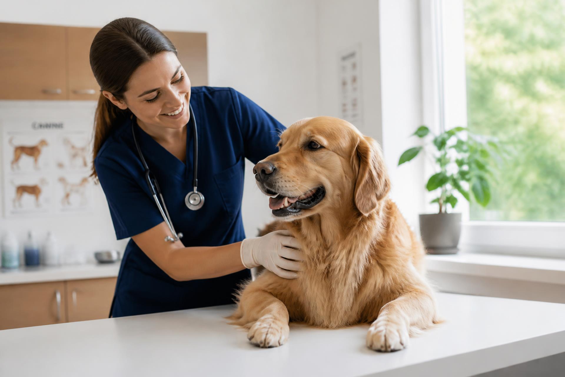 Veterinár vyšetruje šťastného psa